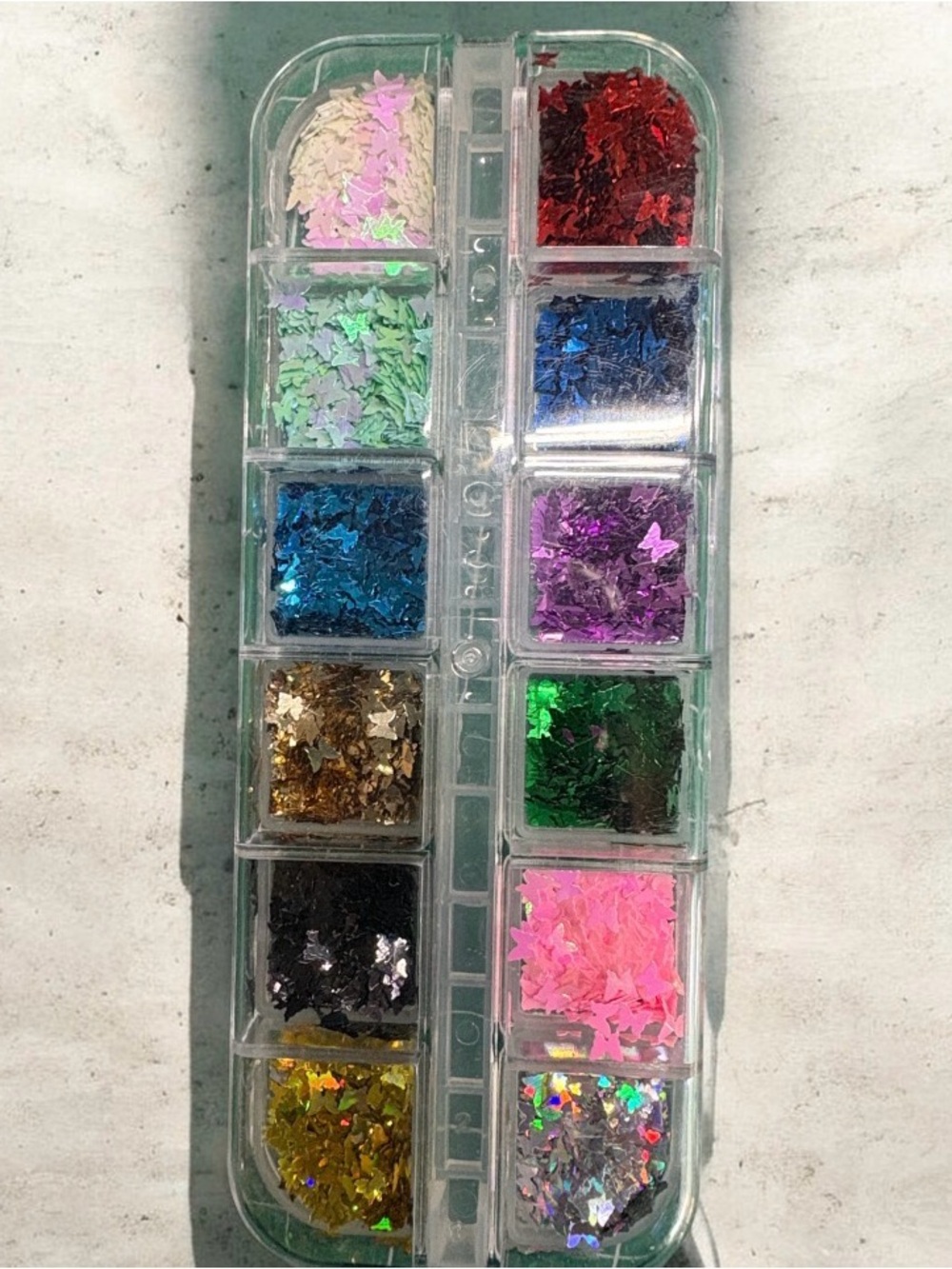 Multicolor Butterfly Nail Art Flakes Set for Women - 12 Colors plus glue